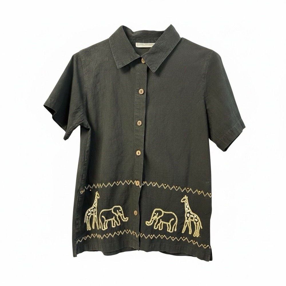 Allyson Whitmore Women's Short Sleeve Black Embroidered ButtonUp Shirt M-L